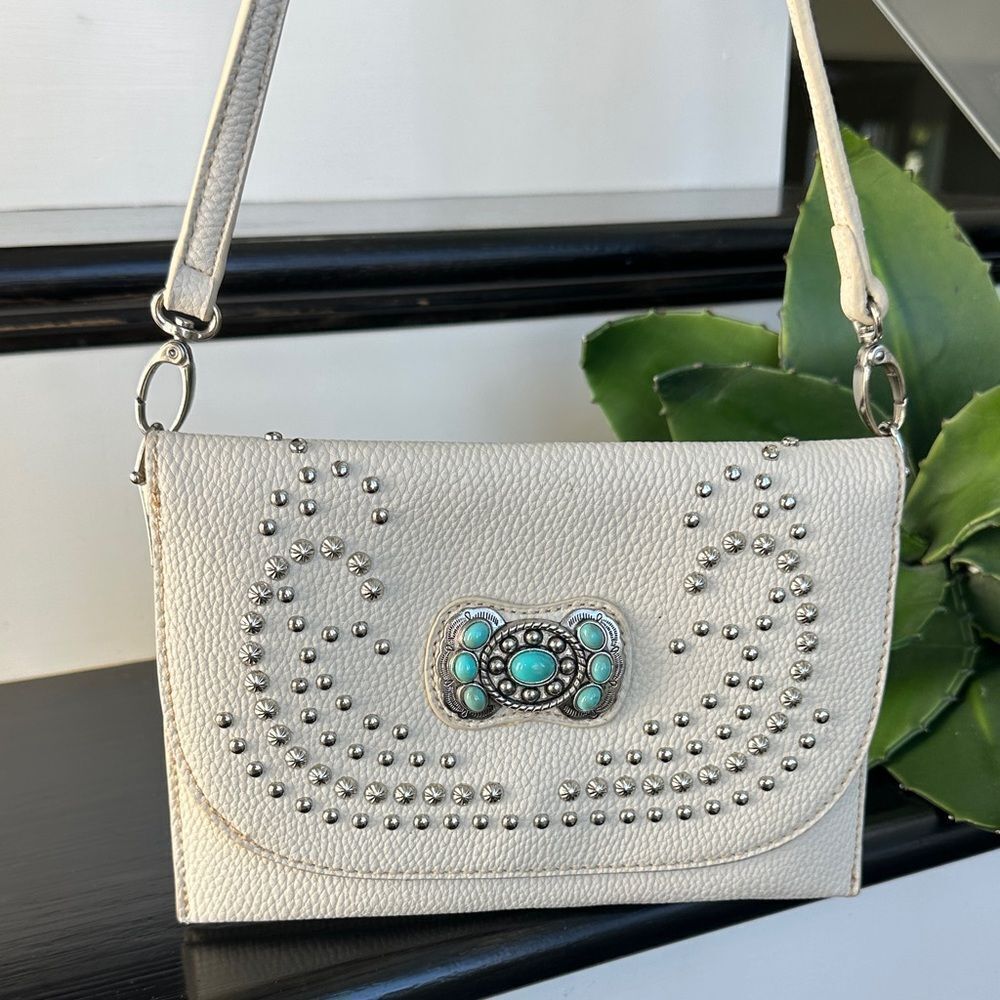 American Bling Leather Studs Crossbody Shoulder clutch Purse Western Turquoise